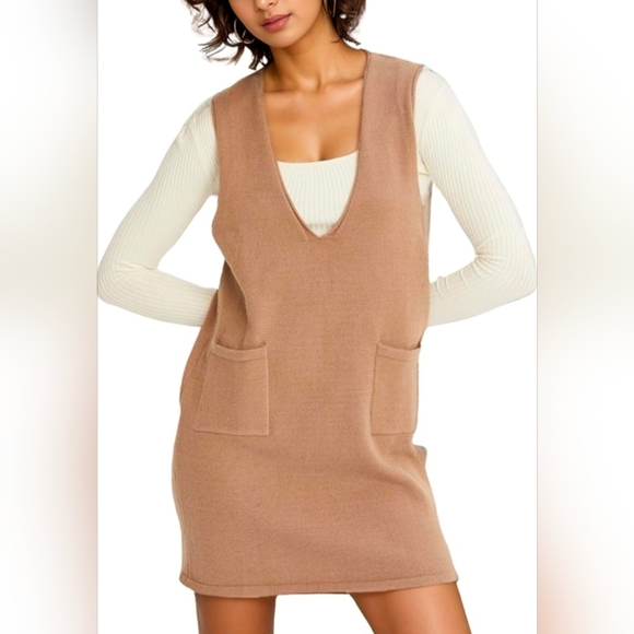 Women's Khaki Sleeveless Knit Mini Dress with Pockets, Sz M - Picture 1 of 8